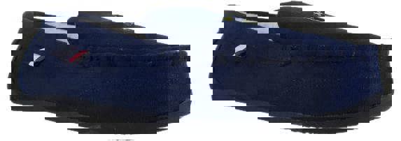 US Polo Assn Mens Slip On Loafer Backed Moccasin Style Slippers, navy blue slip-on moccasin slippers with a small logo detail on the side.