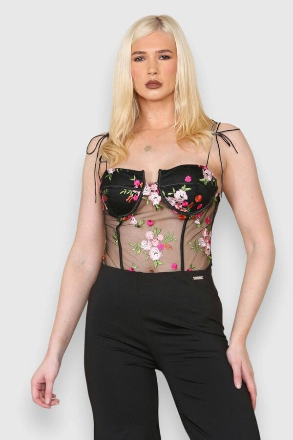 Elaina Fashion Women's Black Sexy Transparent Mesh Floral Embroidered Bodice S