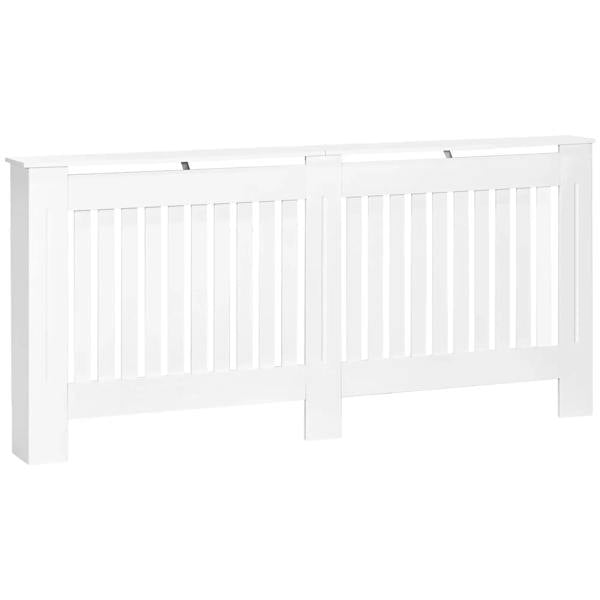 White MDF radiator cover cabinet with slatted front grill and open sides.