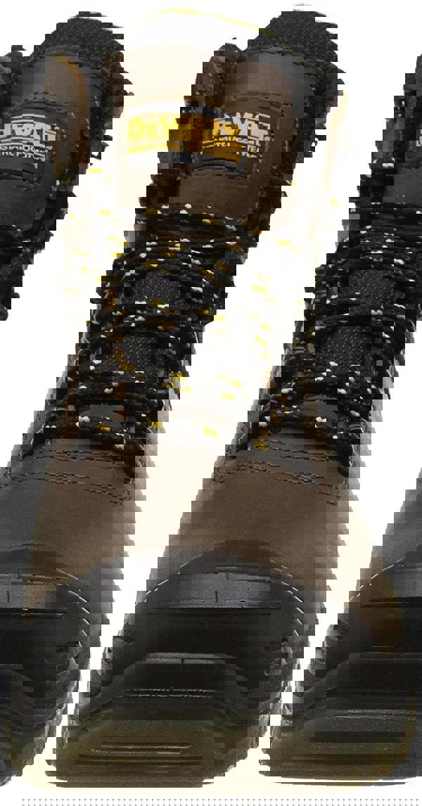 DeWalt Newark Men's SRA S3 WaterProof Safety Steel Toe Lace Up Boots, front view of the brown and black safety boot with yellow and black laces.
