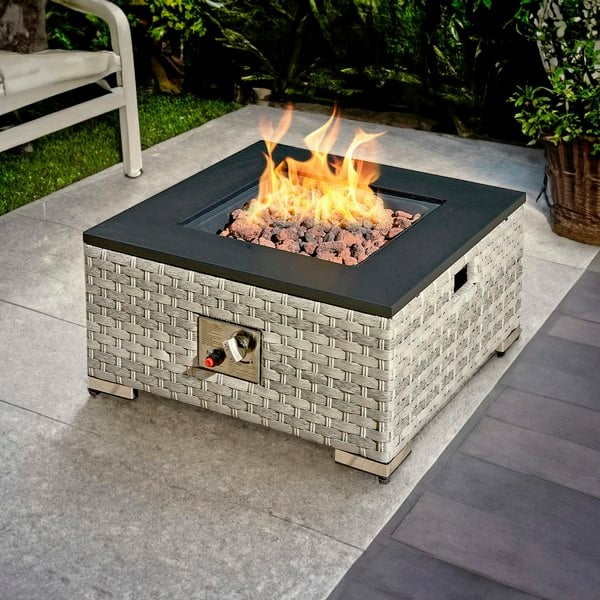 RoyalFire Royal Fire Icarus Rattan Firepit Coffee Table in Dove Grey with Iron Top