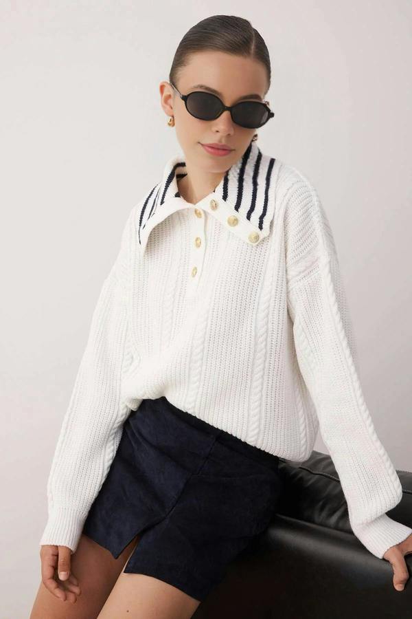 WOVCOR Braided Wide Fit Turn-Down Neck Knit Sweater