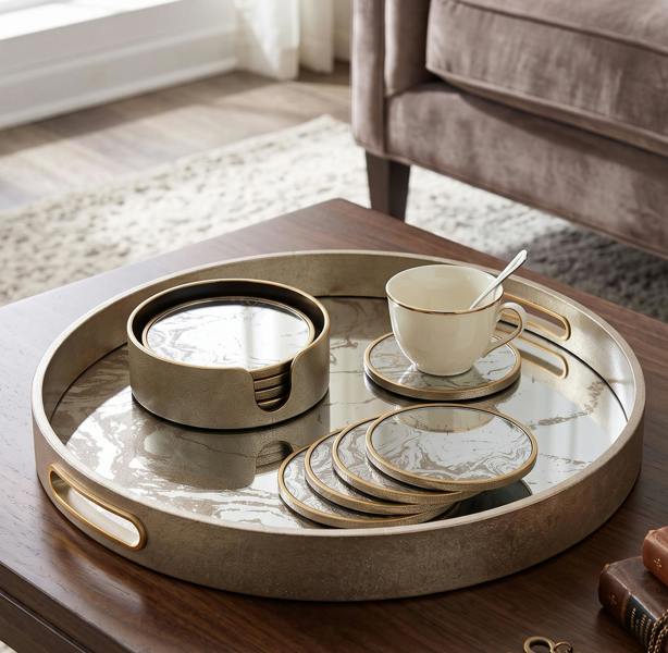 Maison des Cadeaux Marble Effect Round Serving Tray & Drink Coasters Set of 4 with Holder
