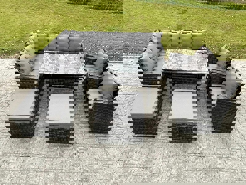 Fimous 10-Seater Dark Grey Rattan Outdoor Corner Sofa Set | Rectangular Dining Table, 2 Armchairs, 2 Large Footstools