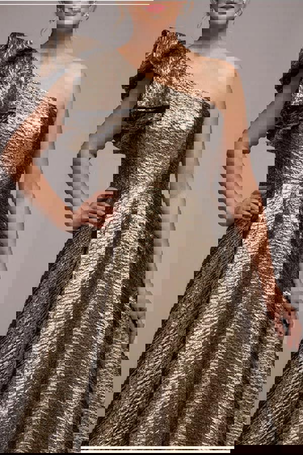 One Shoulder Frill Jacquard Skater Midi Dress - Bronze Gold DR4811M