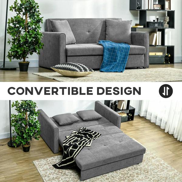 Light grey sofa bed with storage, three back cushions and two decorative pillows