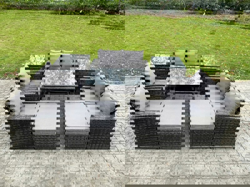 Fimous 9 Piece Dark Grey Mixed Rattan Outdoor Sofa Set - 2 Big Footstools & 2 Side Tables