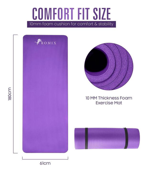 ROMIX Yoga Mat 10mm Thick, 180 x 60cm Non Slip Foam Exercise Mat with Carry Bag and Strap