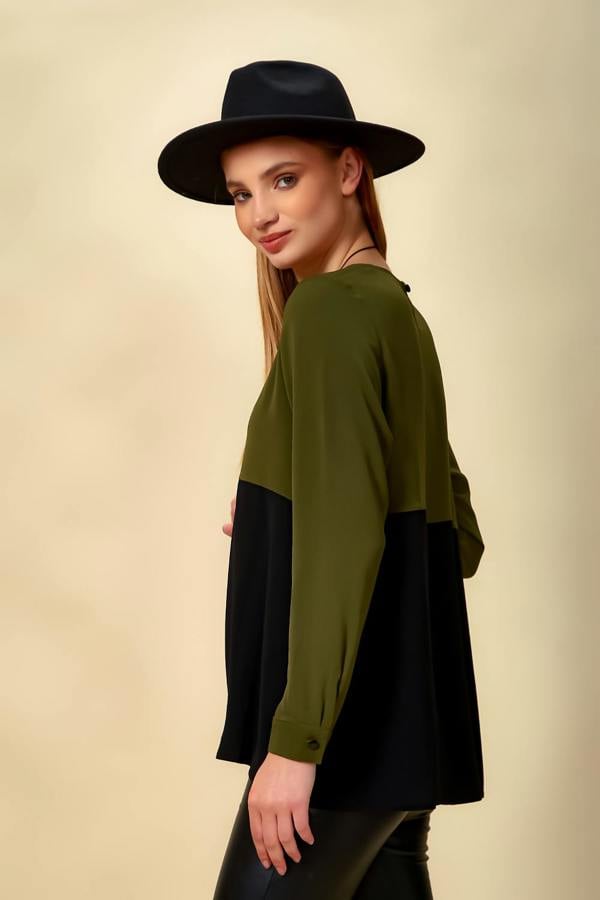 Hoxton Gal Colour Block Blouse in Khaki and Black