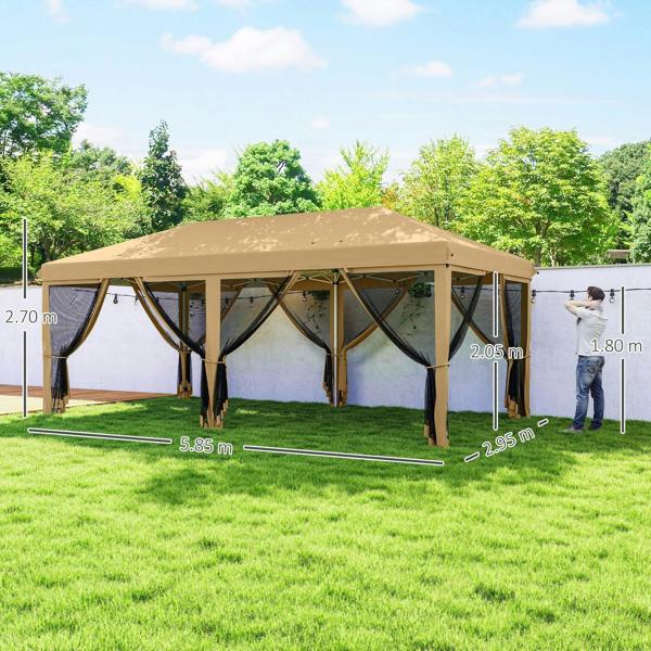 Beige pop-up gazebo tent with mesh panels and labeled dimensions on the yard.