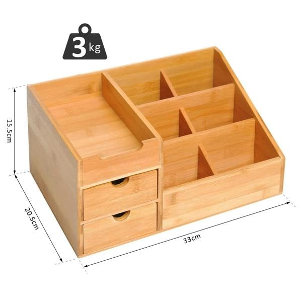 Bamboo desk organizer caddy with seven compartments and two drawers, 3 kg shown