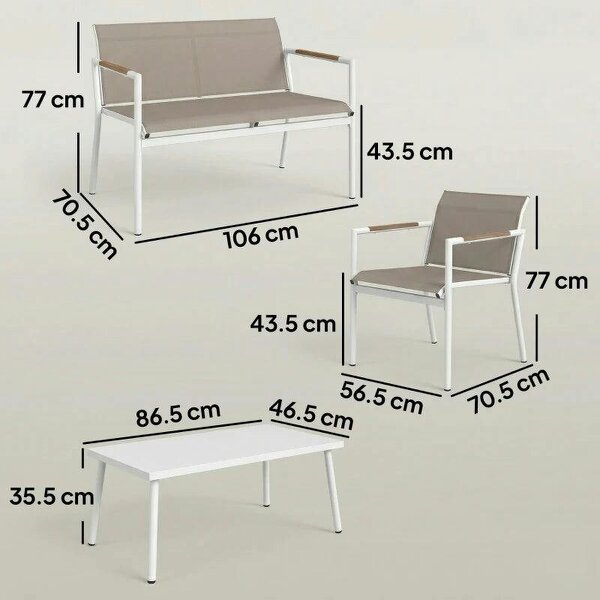 4 Seater Garden Furniture Set with Loveseat, Armchairs, Table, Metal Garden Sofa Set with Breathable Seats, Khaki
