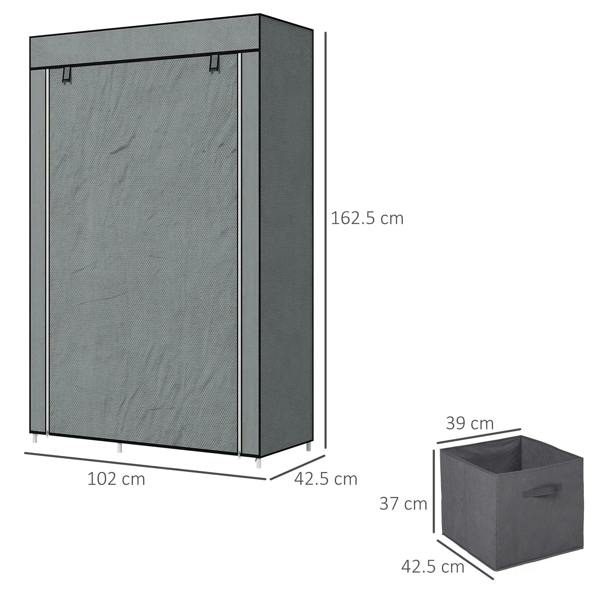 Dark grey portable fabric wardrobe with zip door, side view, and two fabric drawers shown