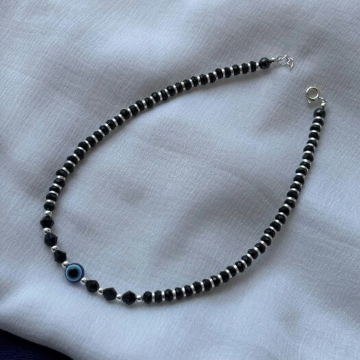 The Colourful Aura 925 Silver Black Beaded Evil Eye Nazar Payal Anklet