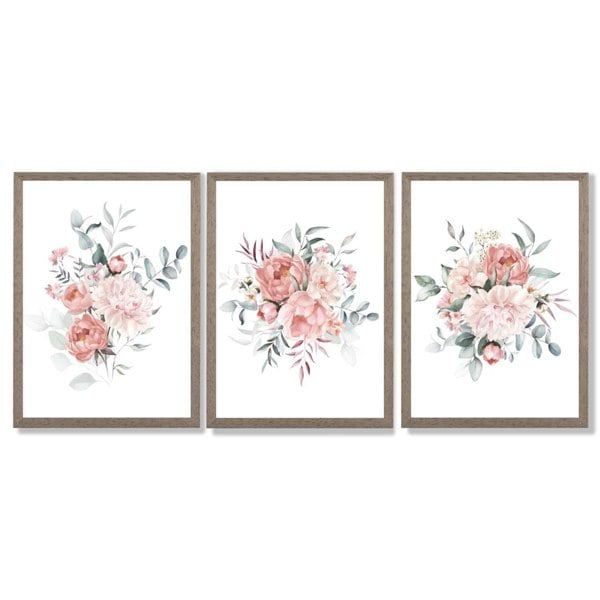 Pink Peonies Watercolour Floral Set of 3 Framed Art Prints with Light Walnut Frames