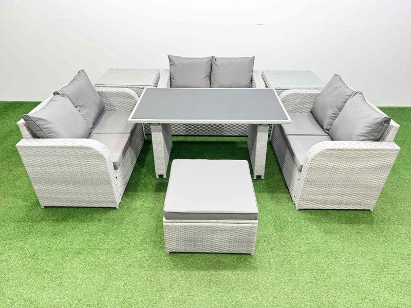 Fimous 7 Seater Patio Garden Furniture Sets with Black Glass Top Dining Table Love Sofa 2 Side Tables Big Stool Light Grey