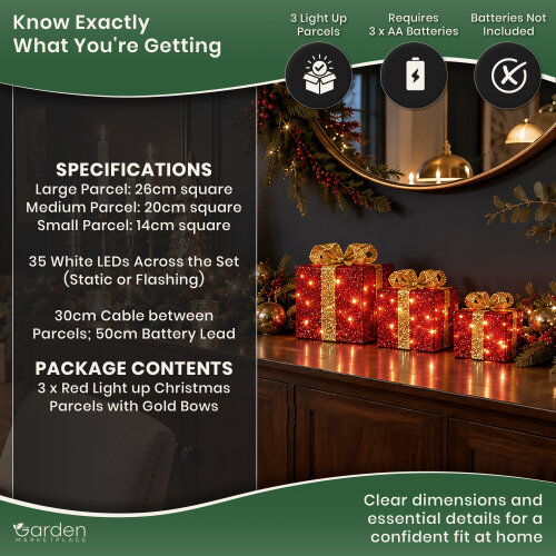 Set of 3 Light-Up Red Christmas Parcels with Gold Bows, 35 White LEDs, Static & Flash Modes, Battery Powered Chain Decoration
