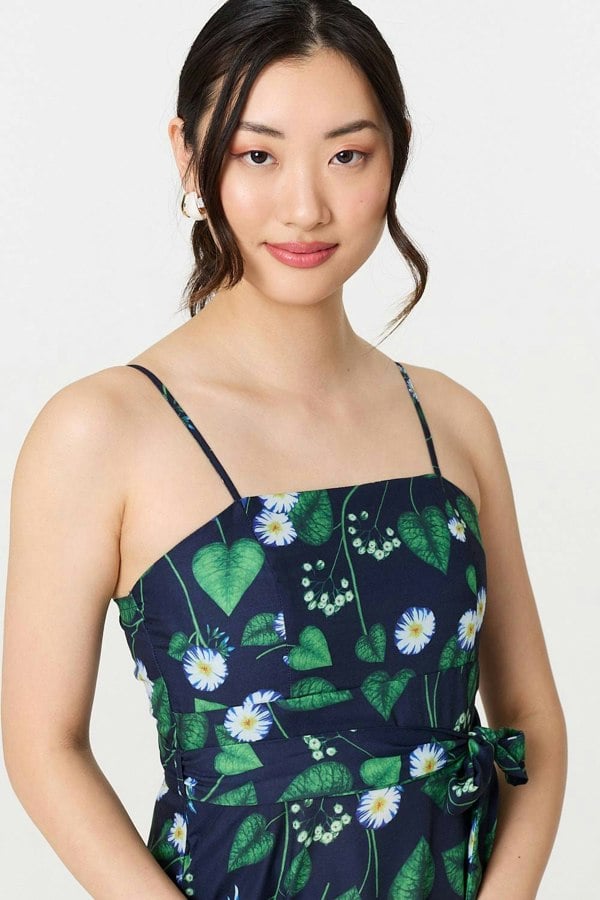 Green | Floral Sleeveless Tie Waist Midi Dress
