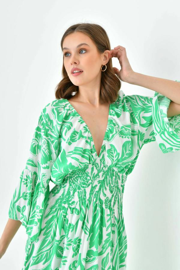 Hoxton Gal Oversized Flutter Sleeves Shirred Waist V Neck Midi Dress with Floral Print in Green and White