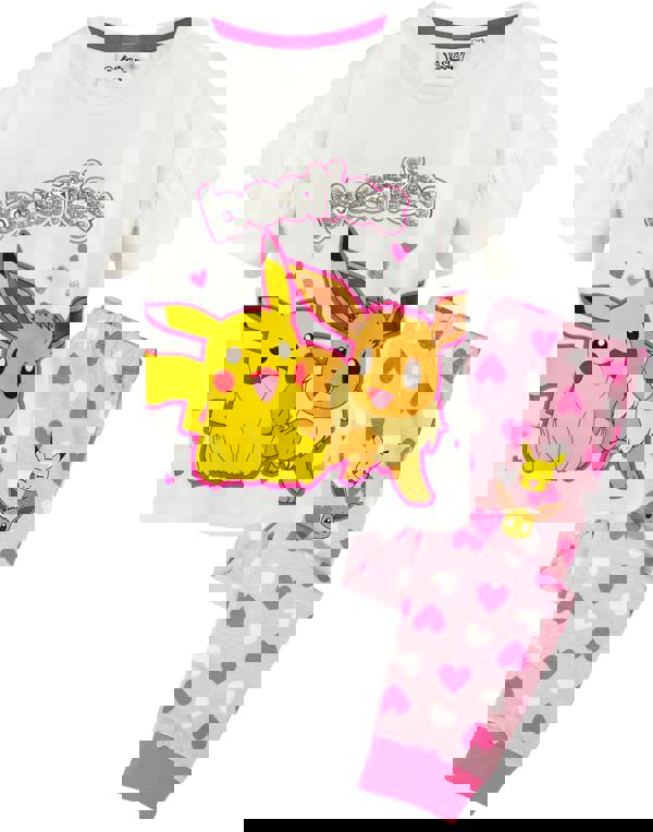 Pokemon Unisex Kids White Pikachu, Eeevee Short Sleeve Long Leg Pyjama Set