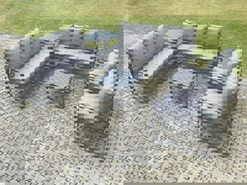 Fimous Aluminium Outdoor Lounge Sofa Set Garden Furniture Sets with Square Coffee Table 2 Chairs Side Table Dark Grey 8 Seater