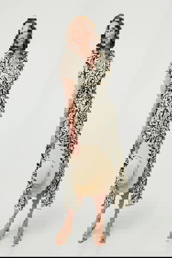 White | Printed Ruched Front V-Neck Midi Dress
