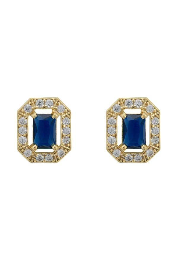 Pair of gold earrings with blue gemstones on a white background