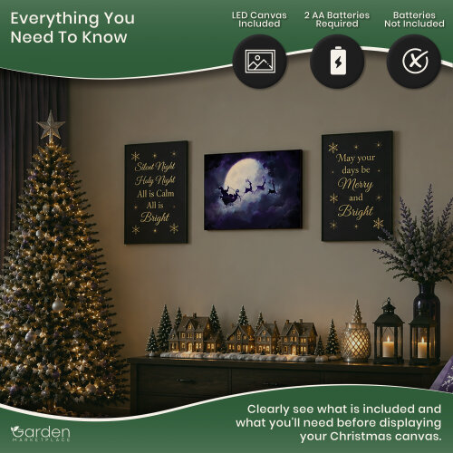 Christmas Santa Sleigh Canvas Print with LED Lights, 40 x 30cm, Stretched Wooden Frame, Battery Powered, Indoor Decoration