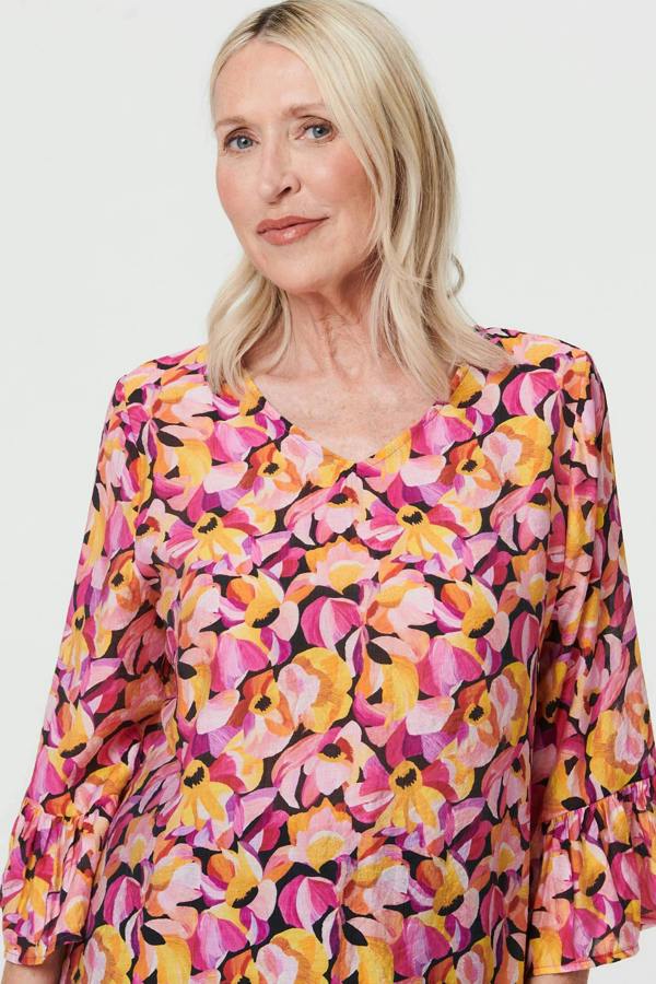 Pink | Floral Relaxed 3/4 Flared Sleeve Blouse