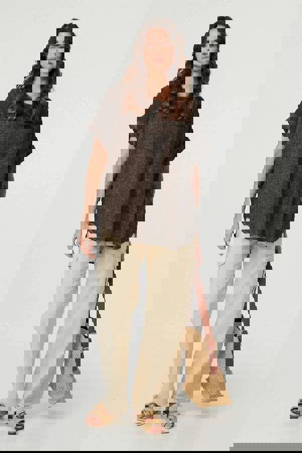 Brown | Contrast Texture Relaxed Curve Hem Top