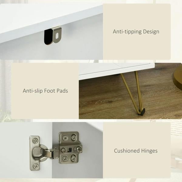 White sideboard cabinet hardware details: anti-tip design, non-slip pads, and cushioned hinges