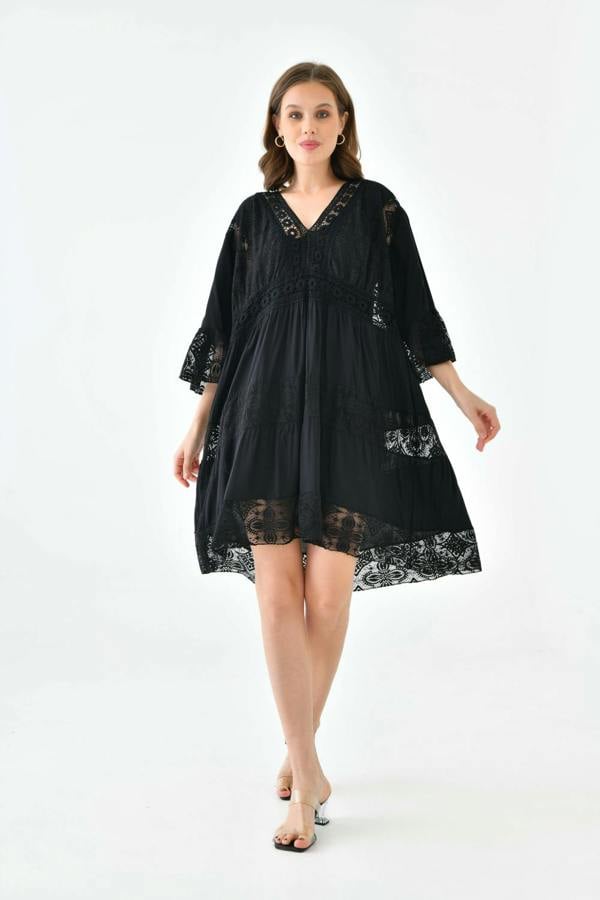 Hoxton Gal Oversized 3/4 Sleeves Lace Detailed V Neck Mini Dress in Black