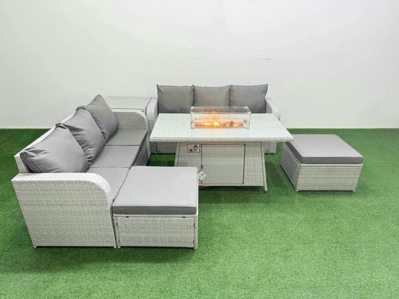 Fimous 8 Seater Wicker Rattan Garden Furniture Patio Set, Firepit Table, High Back Lounge Sofa, 2 Big Footstool, Side Table, Light Grey