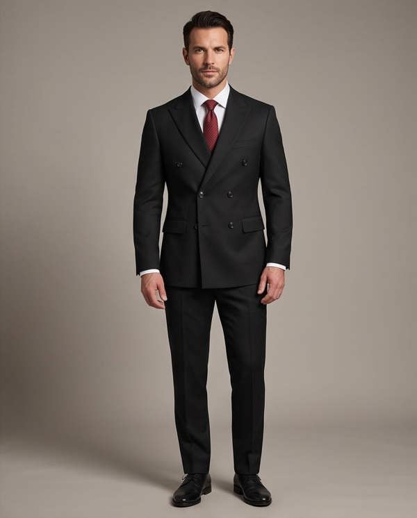 A man modeling a black double-breasted suit with a white dress shirt, a red tie, and black dress shoes against a solid warm gray studio background.
