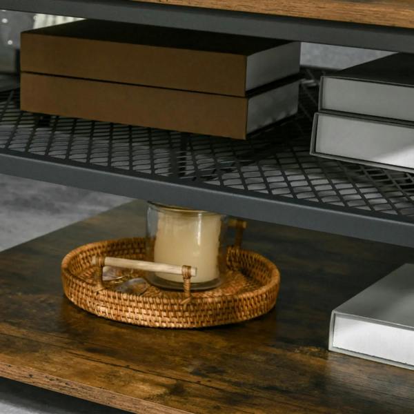Black metal underside of coffee table with wire grid storage beneath rustic brown top