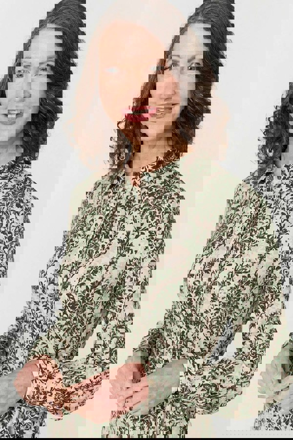 Green | Baroque Print Tie Waist Midi Shirt Dress
