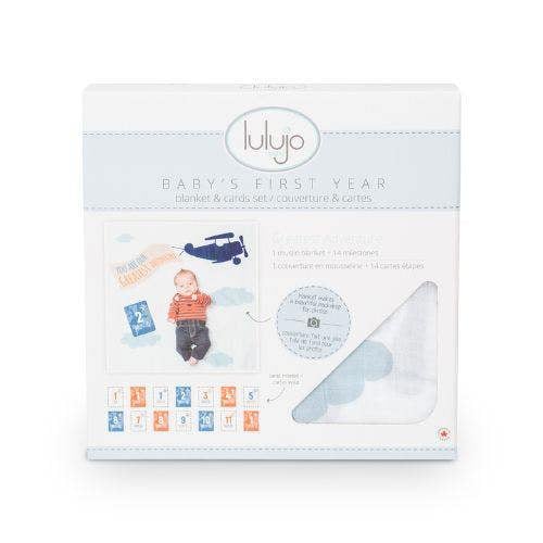 Lulujo - Baby's First Year Gift Set - Cotton Swaddle & Cards - Greatest Adventure