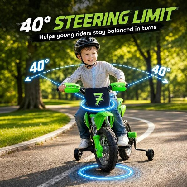 12V Kids Electric Motorbike, Ride on Motorcycle with Dual Motors, Training Wheels, Rear Suspension for 3-6 Years, Green