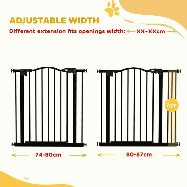 Black adjustable pet safety gate showing two width positions for different openings