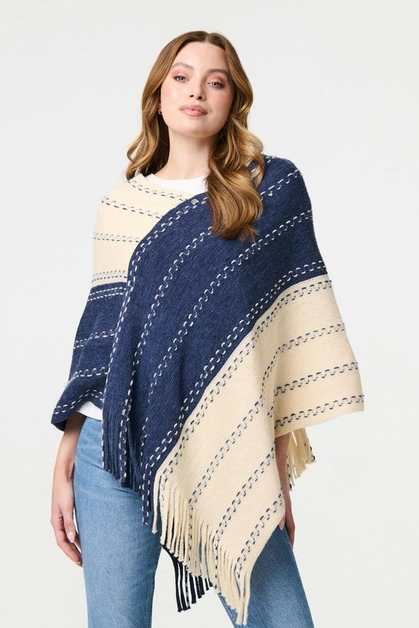 Blue | Striped Tassel Trim Oversized Poncho

