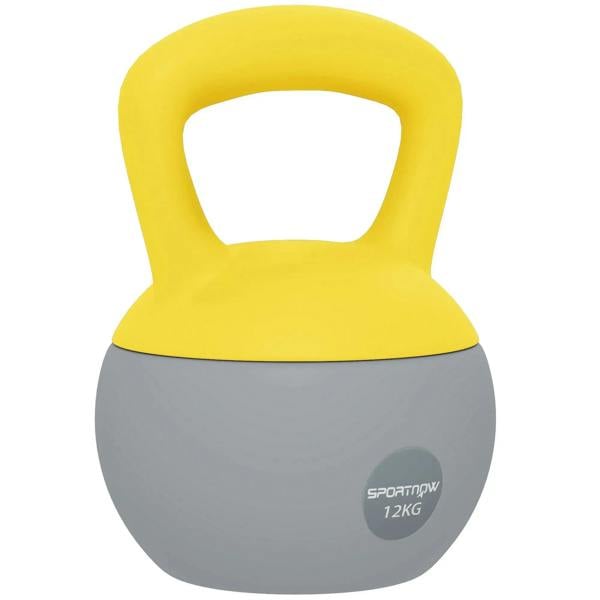 Soft kettlebell with non-slip handle, yellow grip and grey body, SPORTNOW 12KG logo