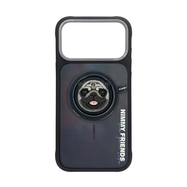 Nimmy Friends Nimmy Big Eye Cute Pet Pug Dog Face Case with Detachable MagSafe Grip for iPhone 17 Pro Max 6.9" Black Grey