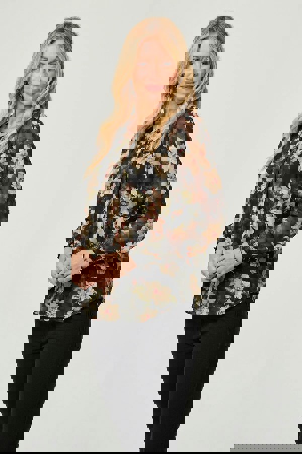 Green | Floral Long Sleeve Chiffon Layer Blouse
