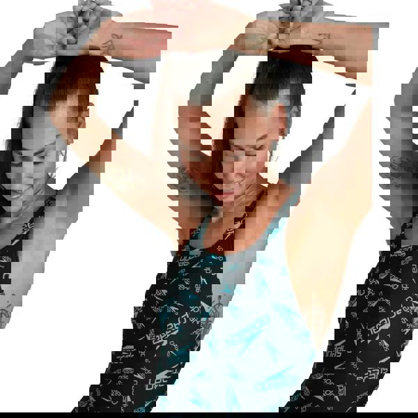 Black Speedo Boom Logo Allover Medalist swimsuit with teal white logo