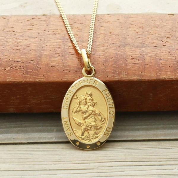 Christopher James of London 9ct Yellow Gold Small Satin Oval St Christopher Pendant With Optional Engraving and Chain