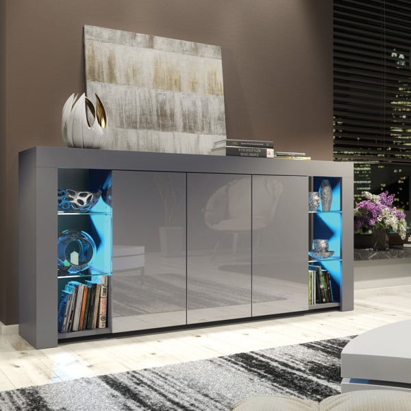 Mex Furniture Exclusive 164cm Cabinet Cupboard Sideboard TV Unit High Gloss Grey Doors & Free LED