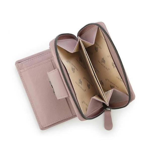 Pink wallet with a zipper on a white background