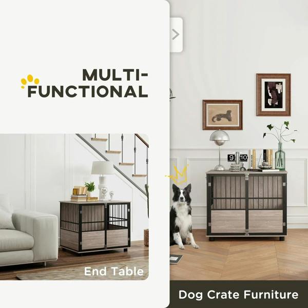 Dog crate furniture piece with dark metal frame and brown wood-look top and sides
