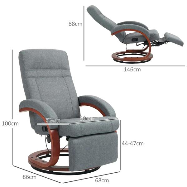 Grey manual reclining swivel chair with footrest, shown with size measurements