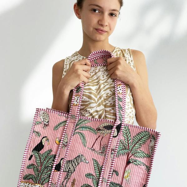 Hayley & Co Jungle Print Large Quilted Cotton Tote Shoulder Bag in Pink